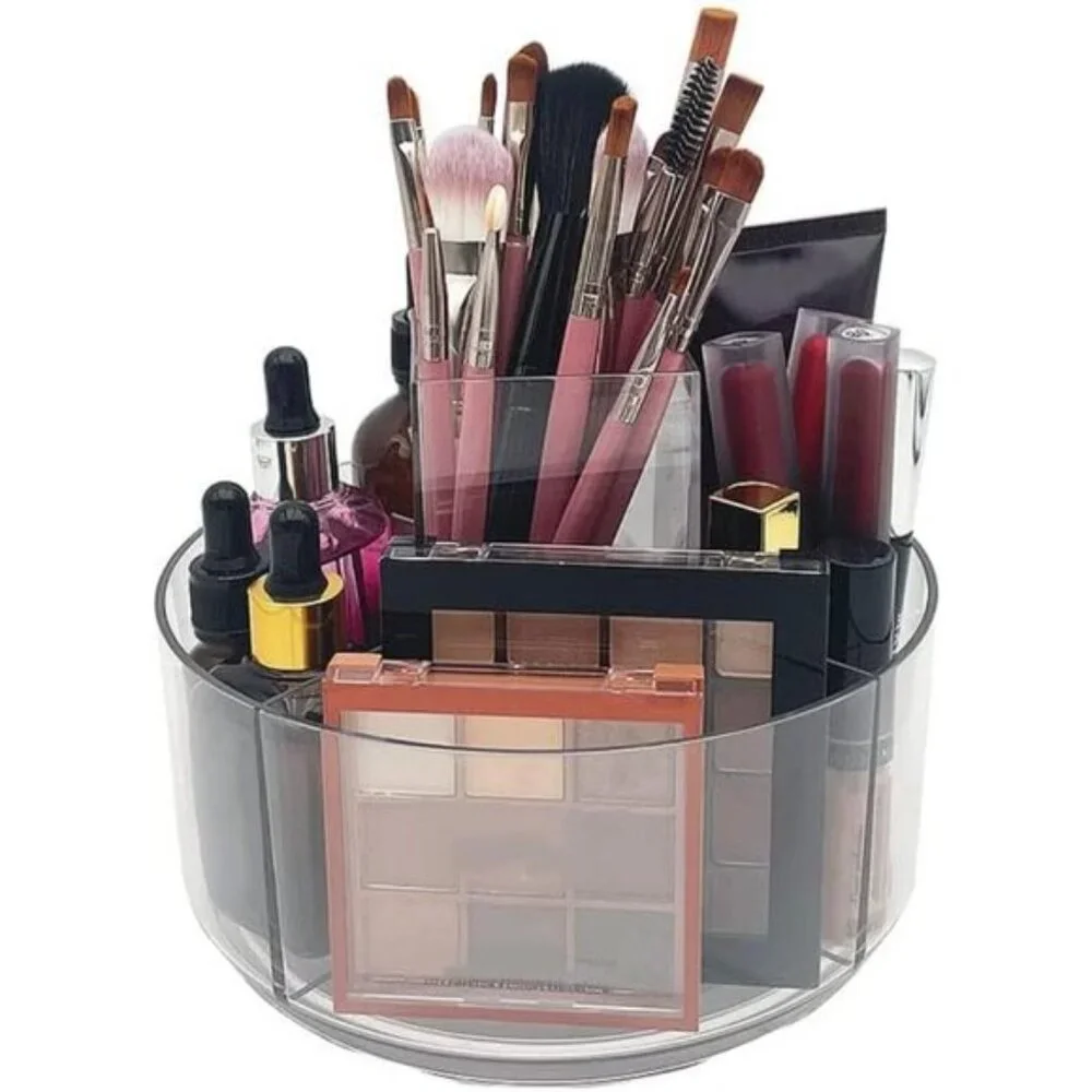New 360° Rotating Makeup Organizer, Clear Tray with 6 Compartments for Vanity